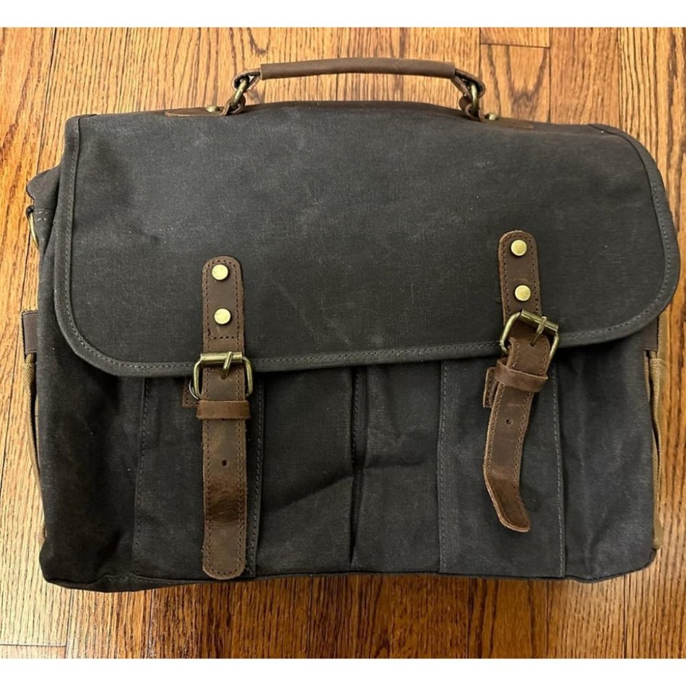 Men's Dark Grey Genuine Leather Canvas Water Resistant Satchel Shoulder Bag